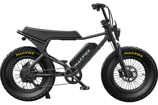 Black Macfox M16 eBike side view, showcasing its sleek frame, thick tires, and modern design against a plain background.