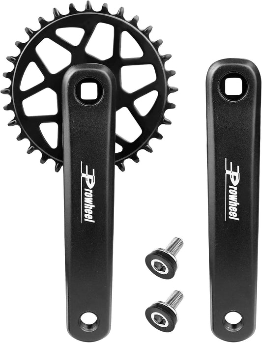 A close-up view of a Prowheel bicycle crankset, showing the crank arms and chainrings attached to a bike frame.