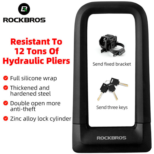 ROCKBROS Motorcycle Bicycle U-Lock Anti-Theft Thickened MTB Bike Lock Alloy Steel 3 Keys