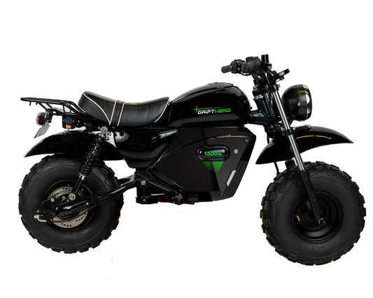 A black and red eBike Drift Hero 1500w Mini electric bike with thick tires, compact frame, and handlebars, shown on a white background.