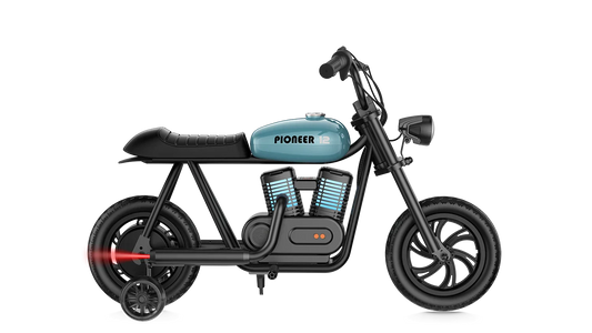 Blue eMOTO Hyper Gogo Pioneer 12 Plus electric bike with training wheels, side view
