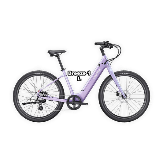 Large product image of the Velotric Breeze 1 eBike in Violet Haze color, large frame, shown in its box.