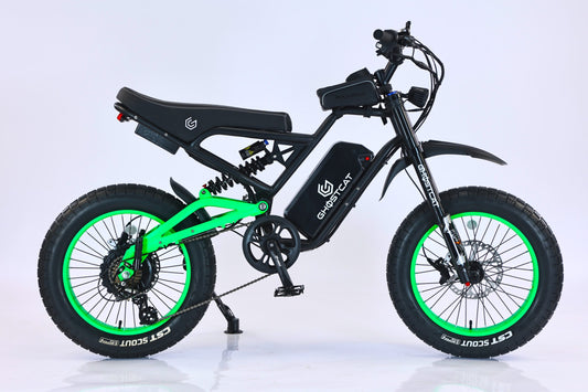 Neon green eBike Ghostcat F3X.2 side view against a white background