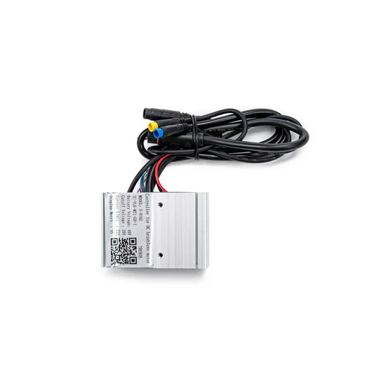 Front view of the Macfox X2 eBike Controller (new version) showing the black rectangular device with labeled connection ports and attached wiring.