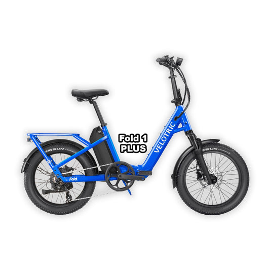 Velotric Fold 1 PLUS eBike in Electric Blue, folded and packaged inside its box