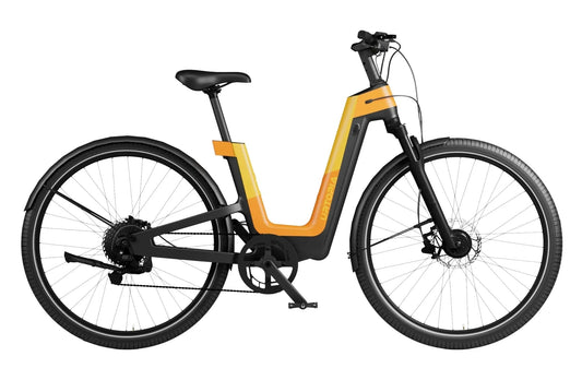 eBike Urtopia Fusion GT in Vital Orange color, shown in its box with packaging, product image highlighting the in-box contents and orange frame