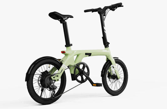 Side view of the Urtopia Carbon Fold 1 eBike in a folded position, showcasing its lightweight carbon fiber frame and compact design.