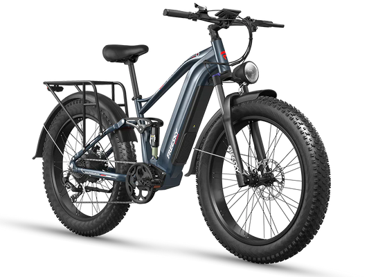 A black Freesky Eurostar Ultra M-410 eBike with a step-through frame, front suspension fork, rear rack, and fat tires, displayed on a white background.