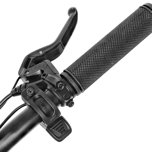 A close-up view of the Super73 thumb throttle for eBikes, showing the black ergonomic thumb lever attached to the handlebar.