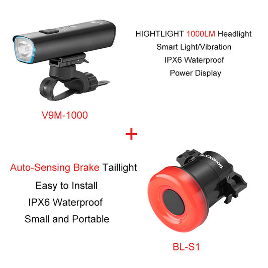 ROCKBROS 1000 Lumen Front Bike Light + Smart Brake & Tail Light BL-S1