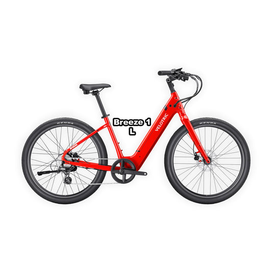 Large product image of the Velotric Breeze 1 eBike in Classic Scarlet color, large frame, shown in its box.