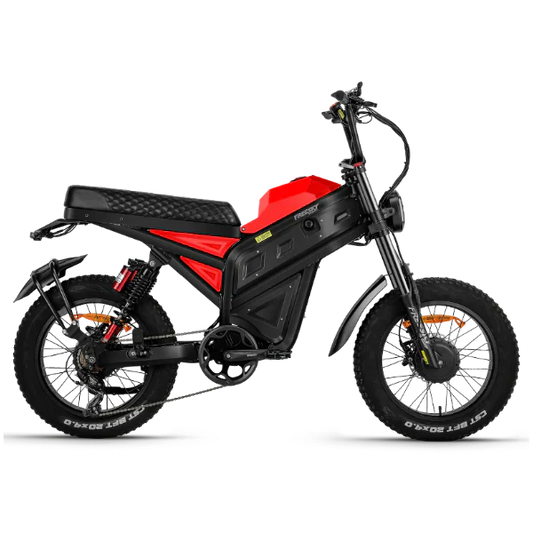 Red eMOTO Freesky Cheetah MT 380 electric bike, side view, displayed on a white background