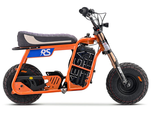 eMOTO Stomp Ebox Dragster RS electric bike in orange, shown in its box