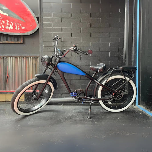 Custom Cheetah Plus Blue Bell Edition Electric Fat Tire eBike – 750W Retro Style by REVI - Cheetah Cafe Racer - CHEEATH|CUSTOM|BLUEBELL|0772 eBike Super Shop