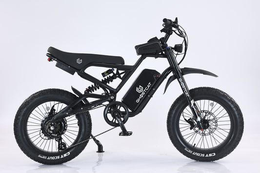 Black eBike Ghostcat F3X.2, side view, blackout edition, sleek frame, thick tires, modern design, isolated on white background