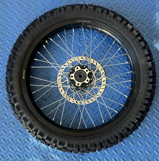eMoto Shinko 244 Dual Sport 18" rear wheel and tire set for eMoto bikes, available at eBike Super Shop, offering exceptional traction and durability for both off-road and on-road riding, designed for long-lasting performance across varied terrains.