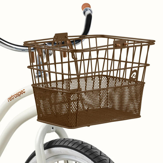 Brown Retrospec Apollo steel eBike basket attached to a bicycle, product image on white background.