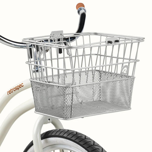 Silver Retrospec Apollo steel eBike basket attached to a bicycle, product image on white background