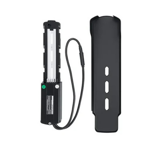 Macfox Battery Base X1S for eBike, black rectangular battery mount with connection ports, shown on white background