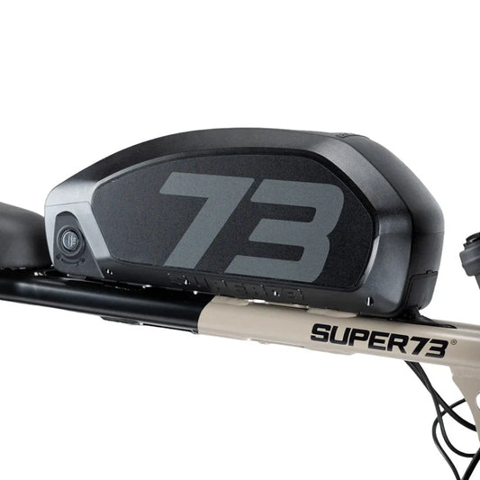 A black Super73 Pro 750 eBike battery shown on a white background.
