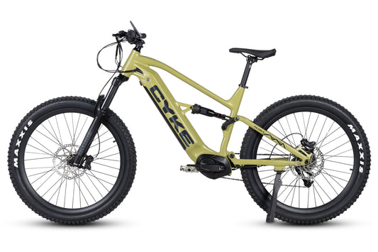 Military green eBike Cyke Falcon A, side view, showcasing frame and wheels