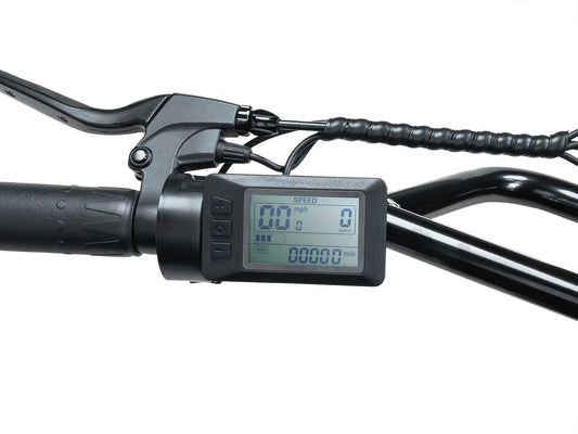 Front view of the Macfox X1S eBike display showing the digital screen and control buttons.
