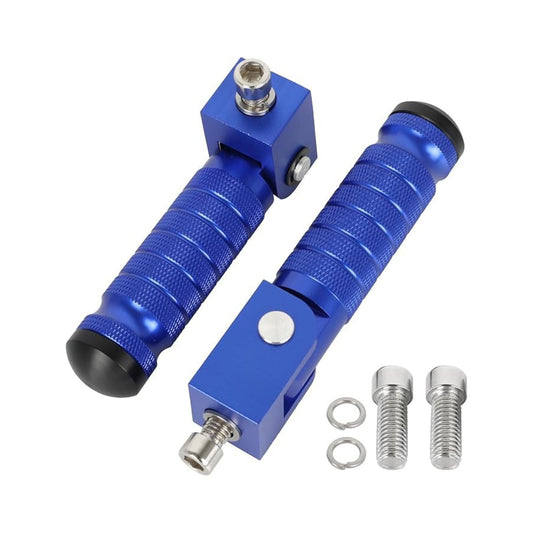 Blue eBike foot pegs, metallic finish, set of two, designed for bicycle use, displayed on a white background.