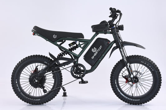 Army green eBike Ghostcat F4X Hunter, side view, showcasing rugged frame and off-road tires