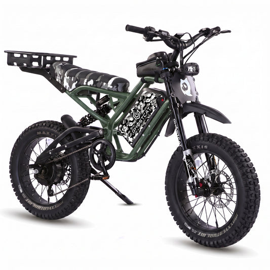 Army green eBike Ghostcat F4X Hunter's Edition full bundle, side view, displayed with accessories on a white background.