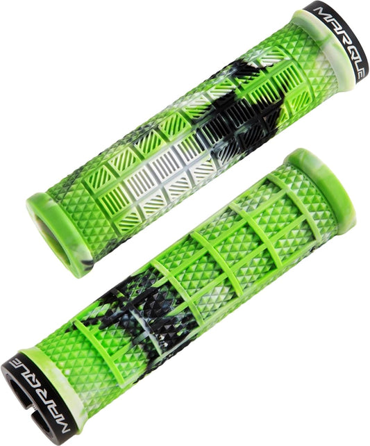 Bright green eBike handlebar grips with textured surface, displayed on a white background.