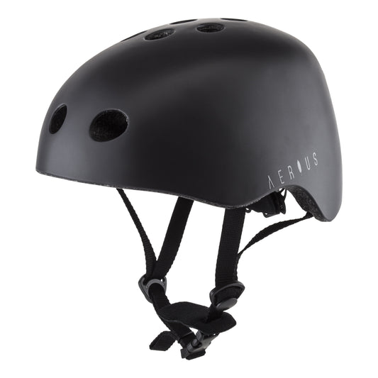 Aerius Crow eBike helmet in matte black, side view, featuring aerodynamic vents and adjustable chin strap.