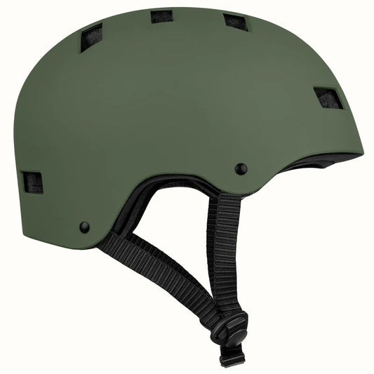 Matte forest green Retrospec Dakota eBike helmet shown from the side, featuring multiple air vents and adjustable straps.