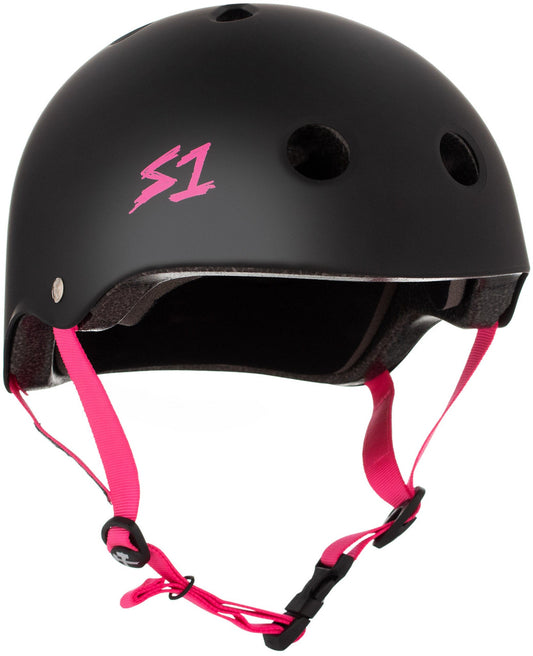 Black S1 Lifer eBike helmet in XX-Large size with pink straps, shown from the side on a white background.