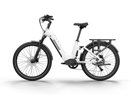 White Himiway A7 electric bike side view, showcasing step-through frame, front suspension, and rear rack