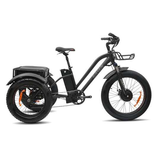 Black Kasen electric trike with three wheels, front basket, and rear cargo rack, shown from a side angle.