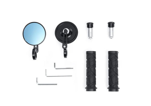 A close-up view of an eBike mirror kit, showing the adjustable rearview mirror attached to a bicycle handlebar with mounting hardware included.