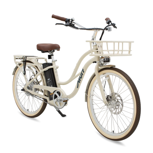 Side view of the Murf Gigi 2.0 eBike in Bone color, showcasing its step-through frame, wide tires, and rear rack against a plain background.