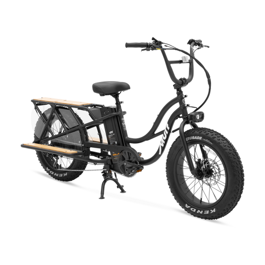 Obsidian Black Murf Higgs Cargo eBike side view with cargo rack, photographed against a plain background