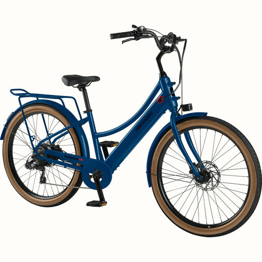 Retrospec Beaumont Rev 3 Plus eBike in Classic Blue, side view, showing step-through frame, rear rack, and upright handlebars