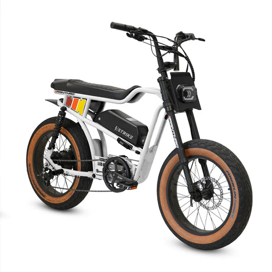 White eBike Strike Panthro electric bicycle, side view, on a plain background