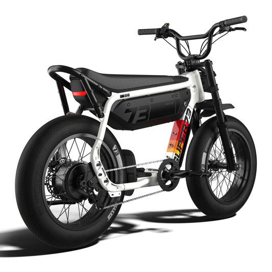 Super73 M1D SE eBike in Baja 4 color, side view, showcasing its rugged frame, thick tires, and minimalist design against a plain background.
