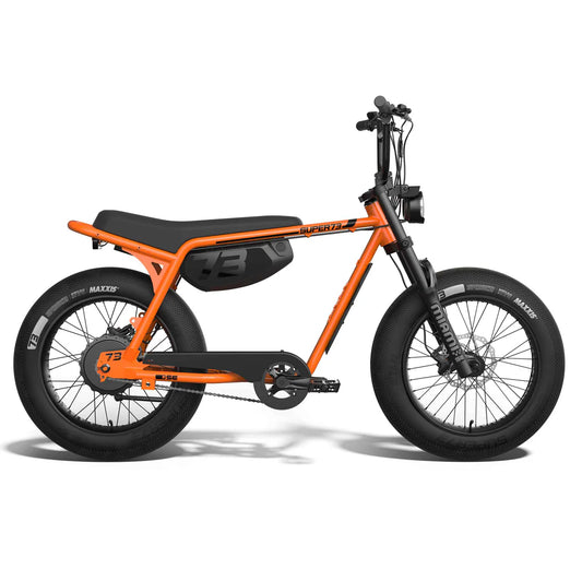 Super73 Z Miami SE electric bike in Astro Orange, side view, isolated on white background