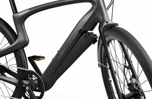 Side view of the Urtopia Carbon 1 Pro eBike in matte black, showcasing its sleek carbon fiber frame, integrated display, and minimalist design against a plain background.