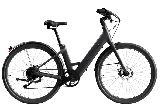 Matte black Urtopia Carbon Classic Step Thru eBike, side view, against a plain background