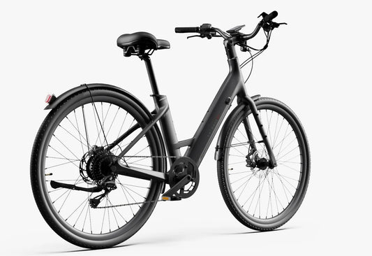 Side view of the Urtopia Carbon Classic Step Thru eBike in matte black, showcasing its lightweight carbon frame, step-through design, and sleek modern appearance.