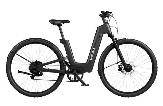 Urtopia Carbon Fusion GT eBike in Blazing Black, side view, showcasing sleek carbon frame and modern design