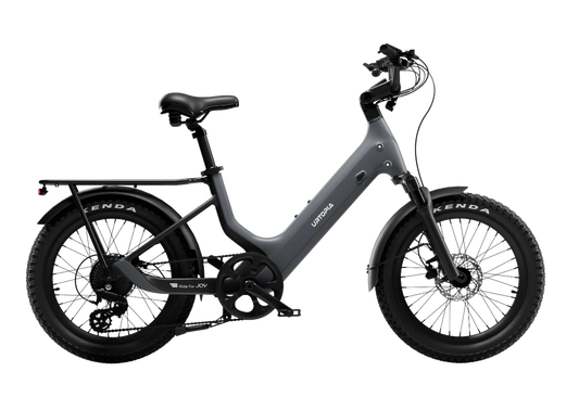 Urtopia Carbon Joy eBike in charcoal gray, side view, showcasing sleek carbon frame and modern design