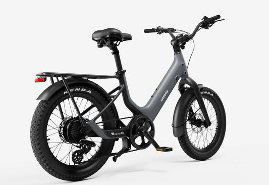 Urtopia Carbon Joy eBike in charcoal gray, side view showcasing sleek frame design and integrated components.