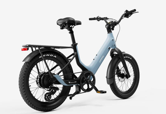 Urtopia Carbon Joy eBike in Glacier Blue, side view, showcasing lightweight carbon frame and modern design