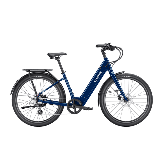Velotric Breeze 1 electric bike in Lemans Blue, side view, against a white background